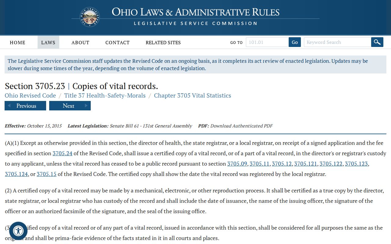Avon residents directory Ohio vital-record law reference